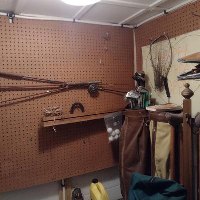 Entire Contents of Sports Theme Room Golf Clubs, Golf Bags, Vintage Fishing Poles and Reels and More