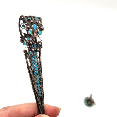 Lot #38D 900 Silver Sugar Tongs - Sterling funnel set with turquoise
