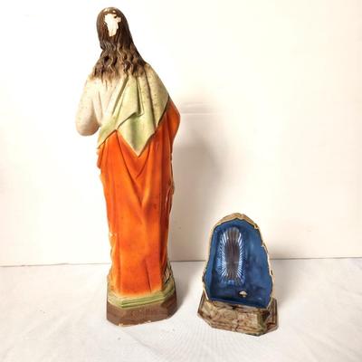 Lot #39 Vintage Chalkware Sacred Heart Statue and small Our Lady of Lourdes Shrine