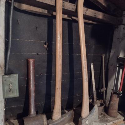 Collection of Hand Tools Includes Maul, Ax, Cast Pot and More