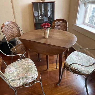 Vintage Fold Down Wood Table with Wicker and Metal Chairs - Project Piece