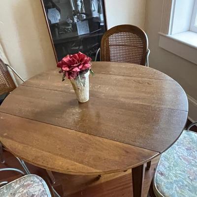 Vintage Fold Down Wood Table with Wicker and Metal Chairs - Project Piece