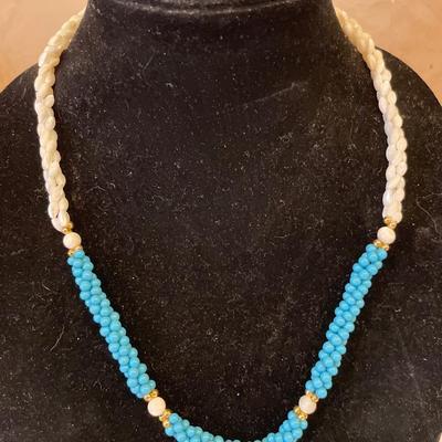 Turquoise earrings and beaded necklace