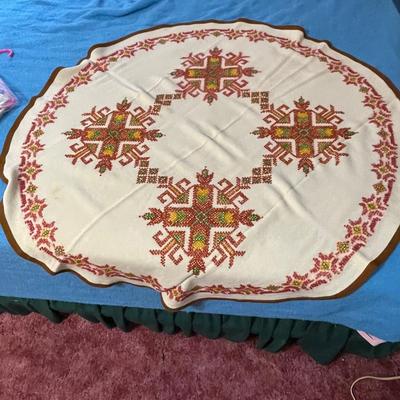 Vintage Embroidered Small Round Tablecloth