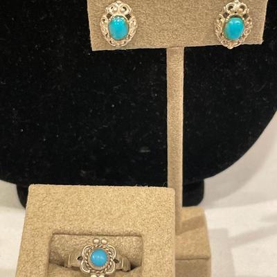 Dainty turquoise and sterling ring and post earrings