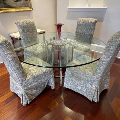Vintage French Style Wrought Iron and Glass Dining Table with Four High Back Chairs