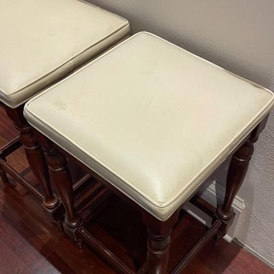 Two Vintage Leather and Hand Carved Wood Barstools