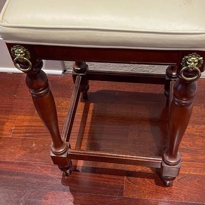 Two Vintage Leather and Hand Carved Wood Barstools