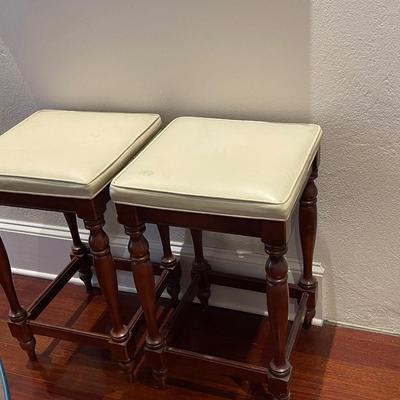 Two Vintage Leather and Hand Carved Wood Barstools