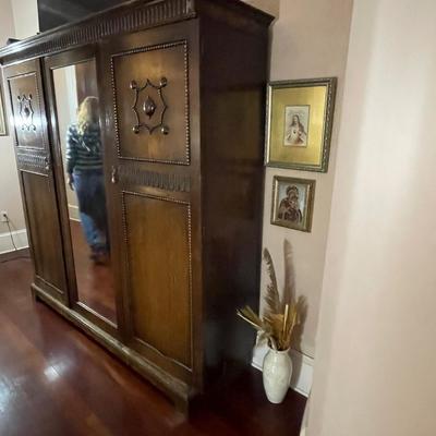 Antique English Armoire with Mirrored Center