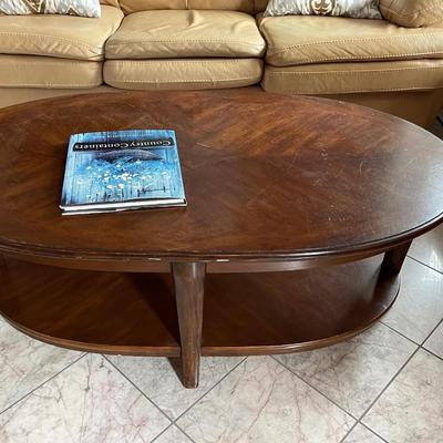 Vintage Solid Wood Oval Coffee Table with Bottom Shelf