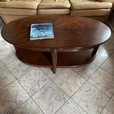Vintage Solid Wood Oval Coffee Table with Bottom Shelf
