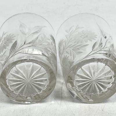Vintage cut Crystal Glass Tumblers, flower pattern old-fashioned glasses, glass lot 2