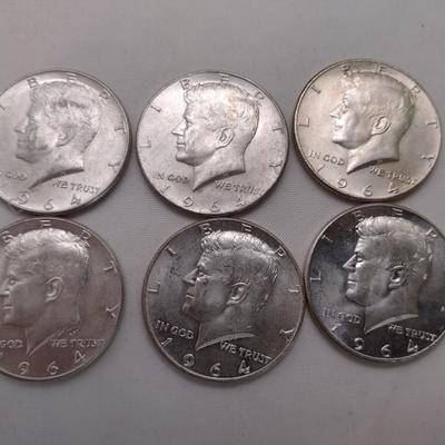 Set of Six 1964 Silver Kennedy Half-Dollars Circulated #261
