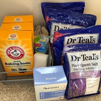 Misc. Arm & Hammer, Aveeno Bath, Dr. Teals Epsom Salt, Metal Basket, many unopened