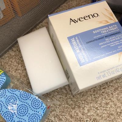 Misc. Arm & Hammer, Aveeno Bath, Dr. Teals Epsom Salt, Metal Basket, many unopened