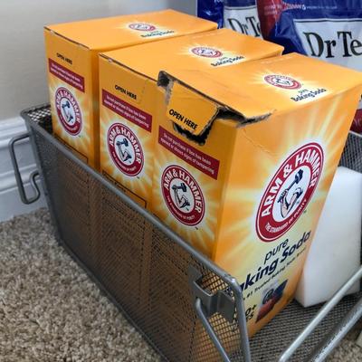 Misc. Arm & Hammer, Aveeno Bath, Dr. Teals Epsom Salt, Metal Basket, many unopened