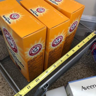 Misc. Arm & Hammer, Aveeno Bath, Dr. Teals Epsom Salt, Metal Basket, many unopened