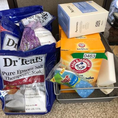 Misc. Arm & Hammer, Aveeno Bath, Dr. Teals Epsom Salt, Metal Basket, many unopened