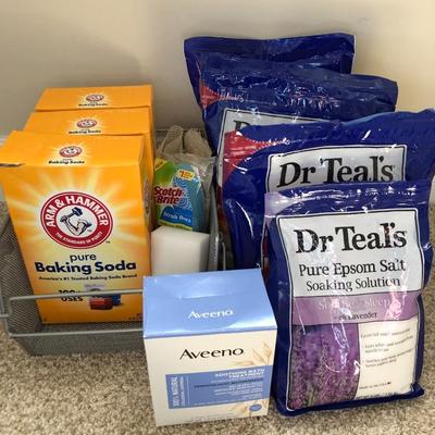 Misc. Arm & Hammer, Aveeno Bath, Dr. Teals Epsom Salt, Metal Basket, many unopened