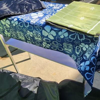 Camco Olympian Folding Grill Table and Folding GoBar Table w Several Skirts