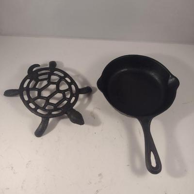 Cast Iron Turtle Design Trivet and Small Skillet