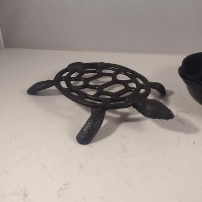 Cast Iron Turtle Design Trivet and Small Skillet