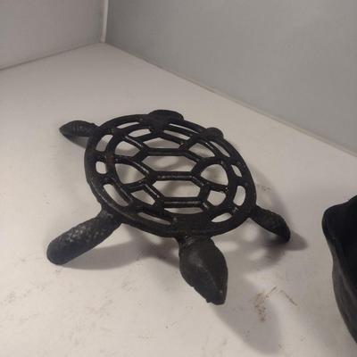 Cast Iron Turtle Design Trivet and Small Skillet