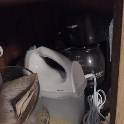 Contents of Cabinet- Small Appliances, Punch Bowl, Food Storage Containers