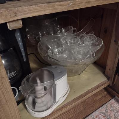 Contents of Cabinet- Small Appliances, Punch Bowl, Food Storage Containers