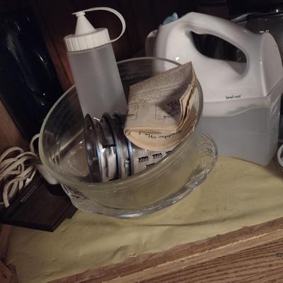 Contents of Cabinet- Small Appliances, Punch Bowl, Food Storage Containers