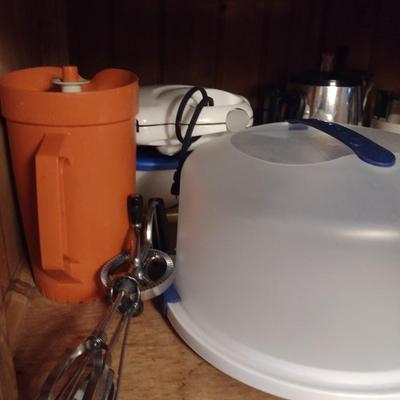 Contents of Cabinet- Small Appliances, Punch Bowl, Food Storage Containers