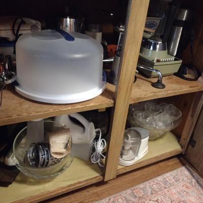 Contents of Cabinet- Small Appliances, Punch Bowl, Food Storage Containers