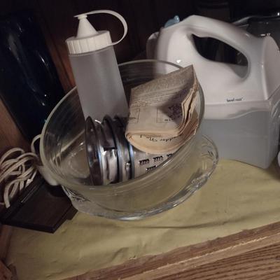 Contents of Cabinet- Small Appliances, Punch Bowl, Food Storage Containers