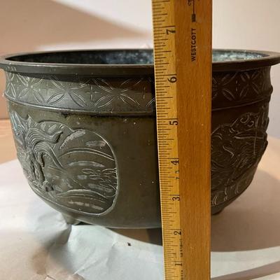 Vintage Brass/Bronze Etched and Footed Solid Planter in Fair-Good Condition as Pictured.