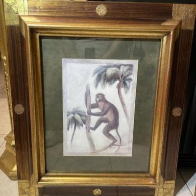 Vintage Monkey Print Mounted in a Heavy Wooden Custom Frame Size 23.5