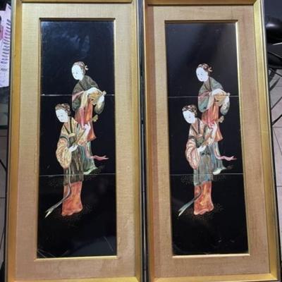 Vintage Pair of Japanese Mid-Century Geisha Girl Tile Artwork Framed Size 9.5"x 21.5" Each Preowned from an Estate.