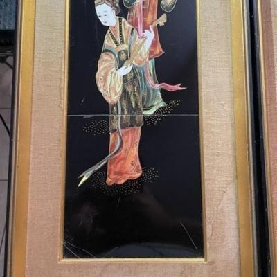 Vintage Pair of Japanese Mid-Century Geisha Girl Tile Artwork Framed Size 9.5