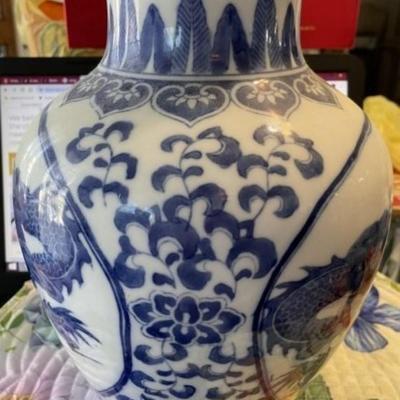 Chinese Blue & White Dragon Jar/Vase Heavy Porcelain Body Boldly Painted in Cobalt Blue w/4 Four-Clawed 12-1/2