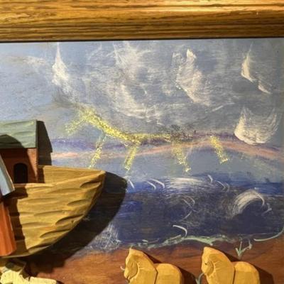 Vintage All Wood & Acrylic 3-D NOAH'S ARK Framed Artwork (Frame Size 15" x 22.5") Preowned from an Estate. Very Nicely...