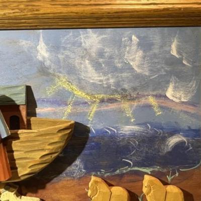 Vintage All Wood & Acrylic 3-D NOAH'S ARK Framed Artwork (Frame Size 15