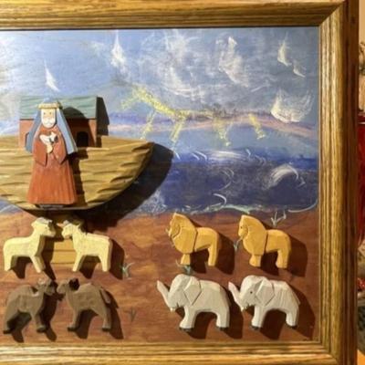 Vintage All Wood & Acrylic 3-D NOAH'S ARK Framed Artwork (Frame Size 15