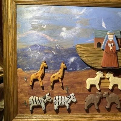 Vintage All Wood & Acrylic 3-D NOAH'S ARK Framed Artwork (Frame Size 15