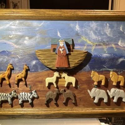 Vintage All Wood & Acrylic 3-D NOAH'S ARK Framed Artwork (Frame Size 15