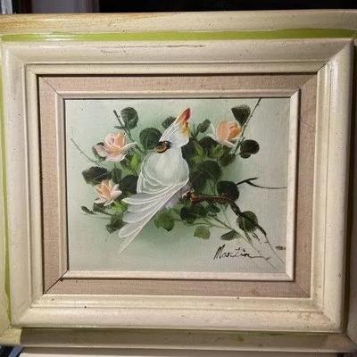 Vintage Signed Martin Oil on Artist Board 15" x 17" Bird Scene in a Light Green & Creme Colored All Wooden Frame Preowned...