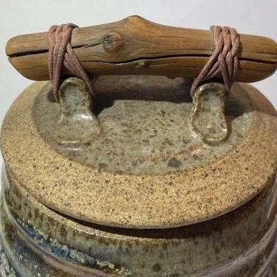 Vintage Signed FARGO Pottery Sugar Bowl with Wooden Handle 5.5" Tall in VG Preowned Condition.
