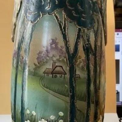 Antique EARLY Nippon/UnMarked c1850's Hand Painted Pottery Vase/Urn Double Handled 14.50" Tall in Fair-Good Condition as...