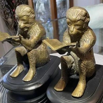 Vintage Castilian Imports Solid Brass Monkey's Bookends Made in India in Good Preowned Condition. (8.5