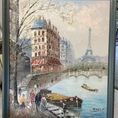 Original Paris Eifel Tower Scene Oil on Canvas by Noted J. Bardot Size 21" x 25" Preowned from an Estate.