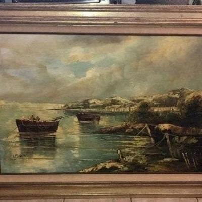 Vintage Huge LEPRINI Mediterranean Cove Oil/Acrylic Painting from the 1960/70's Large Frame Size 33in x 45in in Good Condition.